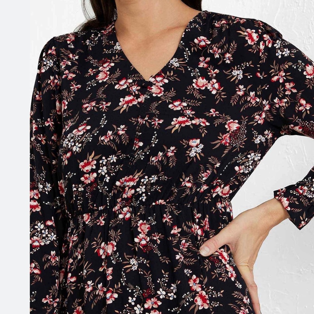American Rag Black Floral V-Neck Sheer Blouse with Pink & Cream Flowers